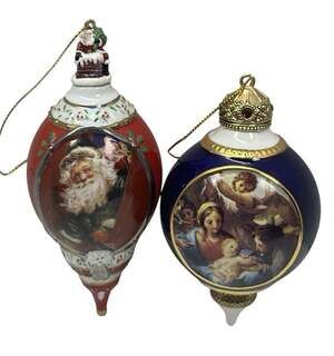 VTG Bradford Editions Porcelain Christmas Ornaments Lot of 2 Santa & Nativity